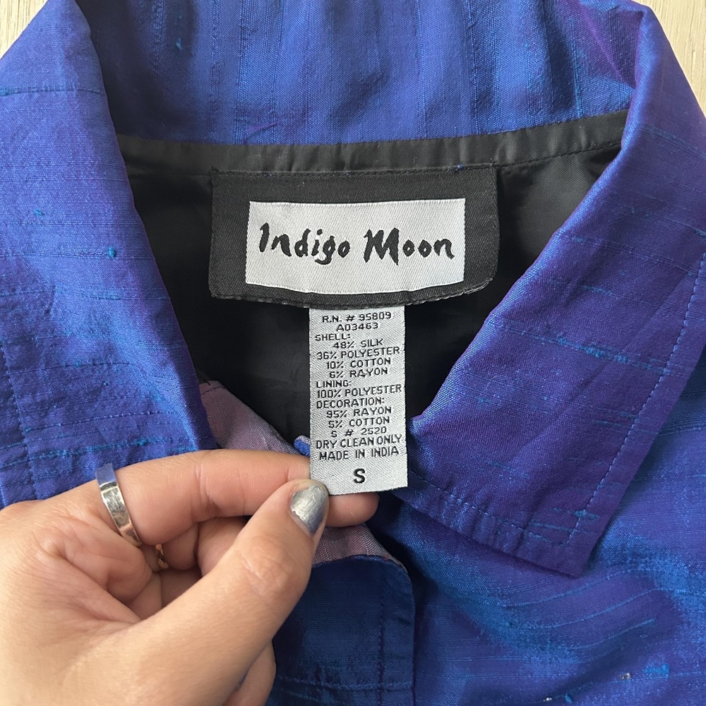 Y2K Indigo Moon Jacket Womens Small Blue Silk Blend Floral Beaded Embroidered - Picture 3 of 8